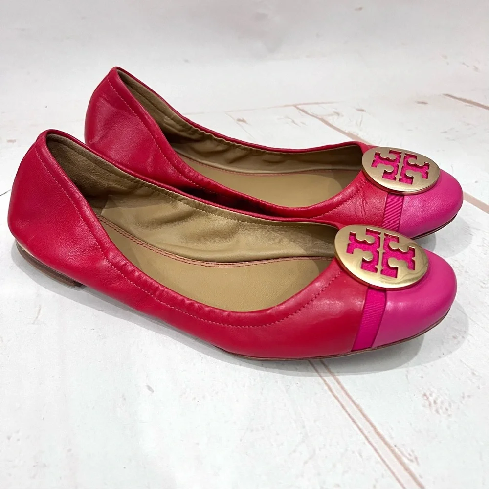 Tory Burch Cap Toe Colorblock Nappa Leather Minnie Ballet Flats Red Azalea Pink